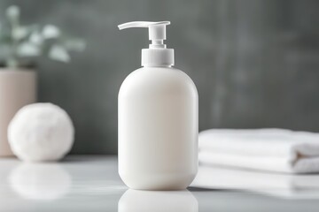 Fototapeta na wymiar A large plain white facial cleanser bottle for mockup. Bathroom background with towel