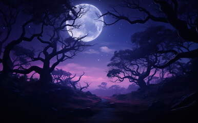 Fototapeta premium halloween purple background with spooky leafless tree full moon in the night sky Generative AI