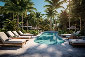 Obraz premium A pool of grandeur with comfortable loungers for tranquil rest and rejuvenation, encircled by lush trees and under an azure sky in the city of Miami.