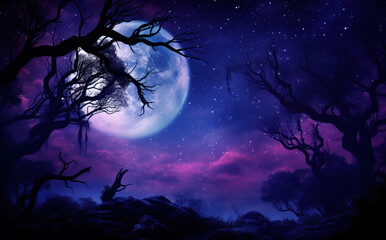 halloween purple background with spooky leafless tree full moon in the night sky Generative AI