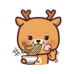 Cute Little Deer Eating Ramen Noodles. Kawaii Vector