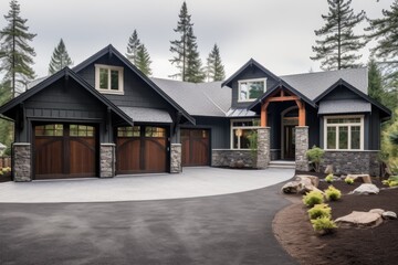 The exterior of this newly built home in the Northwest region of the USA showcases a contemporary design with gray wooden siding, stone columns, and a two car garage.
