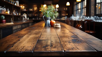 a front view of a dark rustic brown, empty wooden table for product placement with blurry background, serving as a blank wood table mockup, Ai generative
