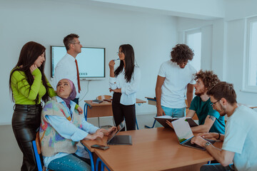 A diverse group of students gathers in a modern school classroom, passionately engaging in lively discussions about various projects, embracing teamwork and utilizing technology to enhance their