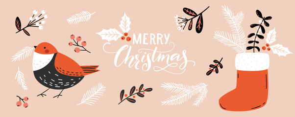 Christmas design elements, header banner design. Vector modern illustrations of cute red bird, christmas sock with branches and berries, hand lettering greeting text - 625563699