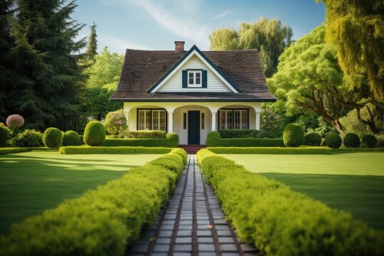 A house with a well manicured lawn is showcased in the photo, symbolizing its availability for purchase, rental, or involvement in the housing and real estate market.