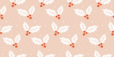 Christmas holly berries seamless pattern for gift wrapping paper, festive design, traditional background. Flat modern vector texture. - 625563890