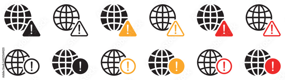Aufkleber set of internet warning icons. global alert, world warning error symbols. global network warning sig