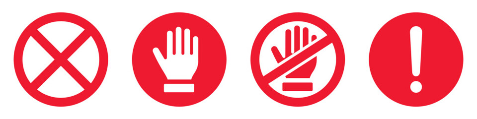 Set of red STOP signs. Hand, circle, cross, exclamation mark. Stop hand, warning stop icons. Human palm, roadside. Vector.