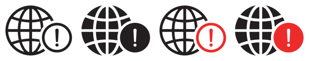 Set of internet warning icons. Global alert, world warning error symbols. Global network warning signs, globe with exclamation mark. Earth logo, circle and triangle attention sign.