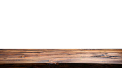 a front view of a dark rustic brown, empty wooden table with transparent background, serving as a blank wood table mockup, Ai generative
