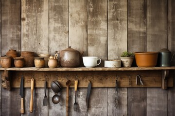 A collection of kitchen cooking utensils is neatly stored in a ceramic pot, placed on a shelf against a wall made of weathered wooden boards.