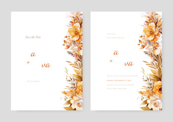 wedding invitation, thank you,details,menu,welcome,boho,minimal template design with watercolor pink leaf and branch, watercolor invitation, beautiful floral wreath.