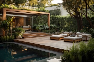 Fototapeta premium A garden and terrace adorned with a swimming pool for domestic use.