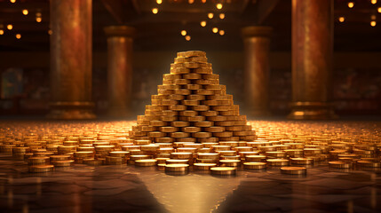 Stack of shiny pyramid from Gold Coins on dark Background. Savings growth or successful investment