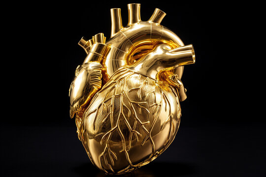 Human anatomy, health care concept. Illustration of human heart made of gold on black background. Generative AI