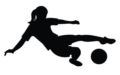 Isolated silhouette of a girl playing football falling while kicking the ball