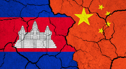 Flags of Cambodia and China on cracked surface - politics, relationship concept
