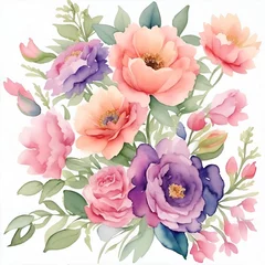 Behang Bouquet of delicate flowers in pastel colors on a white background, watercolor. Ai generative © Евгения Солодова