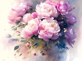Bouquet of delicate flowers, peonies in pastel colors on a white background, watercolor