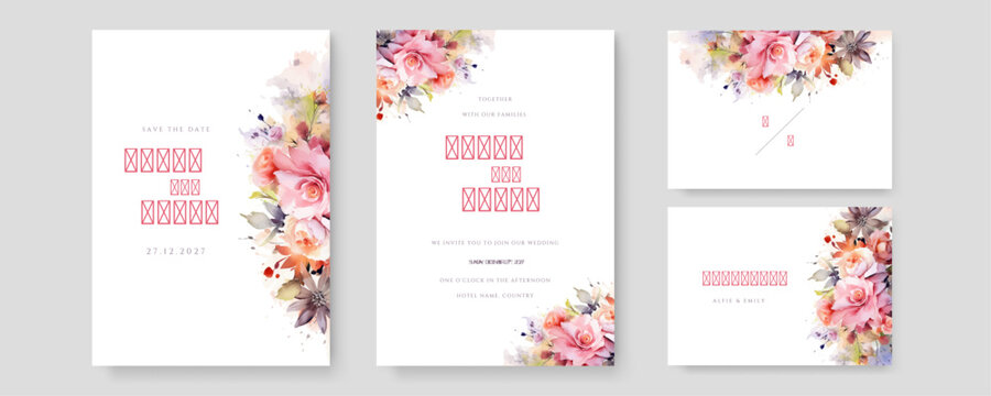 wedding invitation, thank you,details,menu,welcome,boho,minimal template design with watercolor pink leaf and branch, watercolor invitation, beautiful floral wreath.