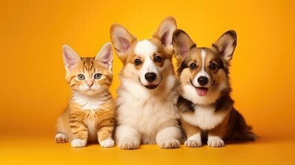 Kitten and puppy together on orange background