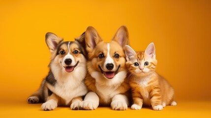 Kitten and puppy together on orange background