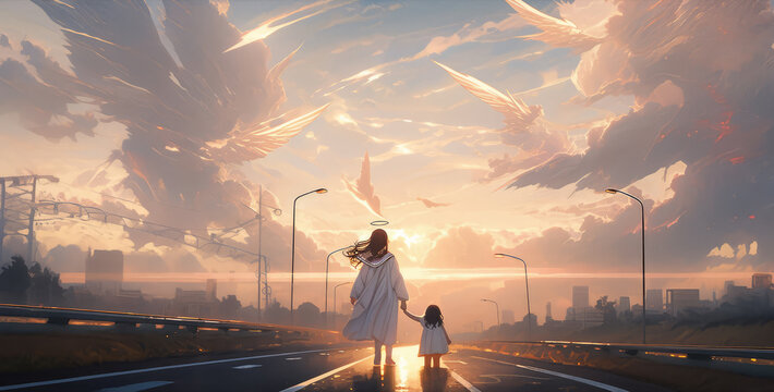 Mother And Child Angels Walking Away From A Car Accident Towards The Light From Heaven - Generative AI