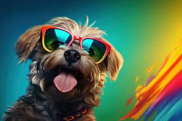 Cute puppy wearing oversized sunglasses against a colorful backdrop.