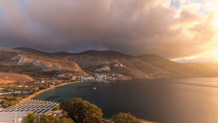 Panorama showing sunset on Amorgos island aerial timelapse from above. Greece