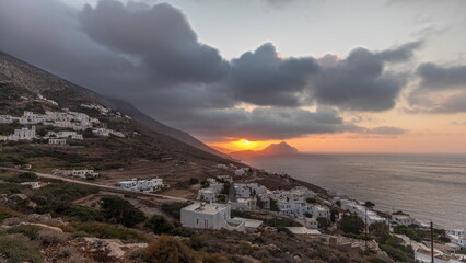 Panorama showing sunset on Amorgos island aerial timelapse from above. Greece