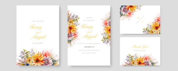 Beautiful watercolor wedding invitation template. Pink leave and flower background. Greeting card.