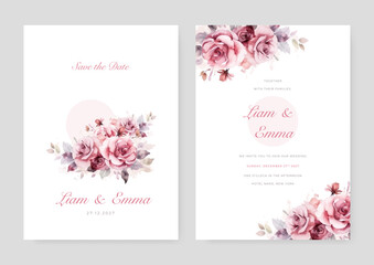 wedding invitation, thank you,details,menu,welcome,boho,minimal template design with watercolor pink leaf and branch, watercolor invitation, beautiful floral wreath.