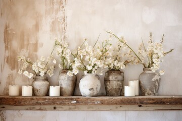 This home decor features white flowers displayed in vases of neutral colors, alongside candles that have been burned, all placed on a rustic wooden shelf against a shabby white wall.