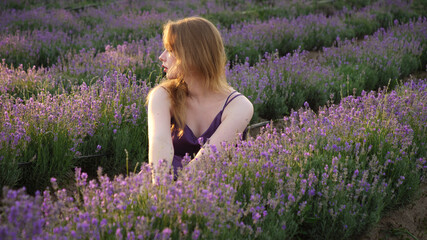 beautiful blonde girl with long hair on a lavender field in the evening - 625566895