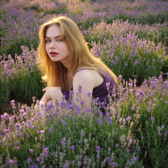 beautiful blonde girl with long hair on a lavender field in the evening - 625567027