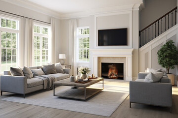 Modern bright interiors. 3d rendered illustration of living room with fireplace