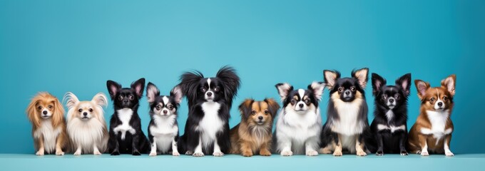 Team group row of dogs taking a selfie isolated on blue background, smile and happy snapshot