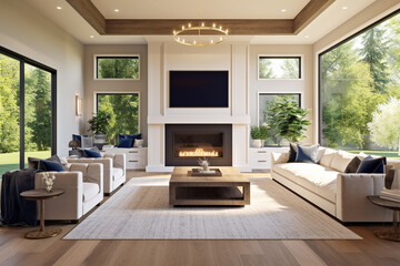 Modern bright interiors. 3d rendered illustration of living room with fireplace
