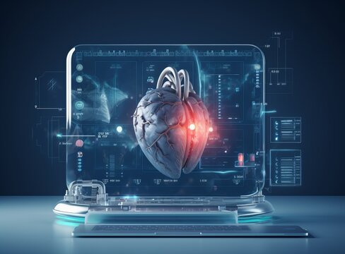 Black tablet pc and doctor tools on gray and blue  surface. Science and medicine concept
