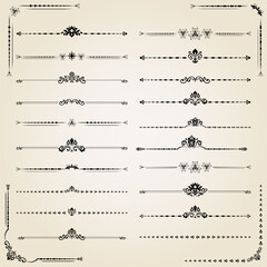 Vintage set of vector decorative elements. Horizontal beige and black separators. Collection of different ornaments. Classic patterns. Set of vintage patterns