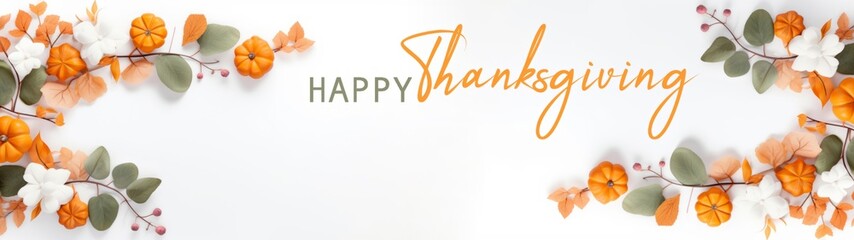 Happy thanksgiving autumn fall holiday greeting card banner long - Frame made of eucalyptus leaves and pumpkins, modern, minimalism, isolated on white table background, top view (Generative Ai)