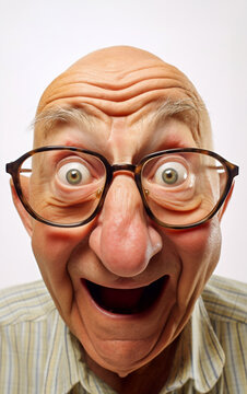 A funny old bald man has an astonished and incredulous look, eyes and mouth wide open, he wears large and conspicuous eyeglasses - Isolated on a white background