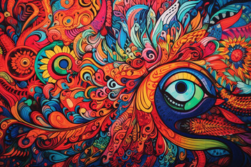 Colorful psychedelic background with eyes. Psychedelic abstract pattern.