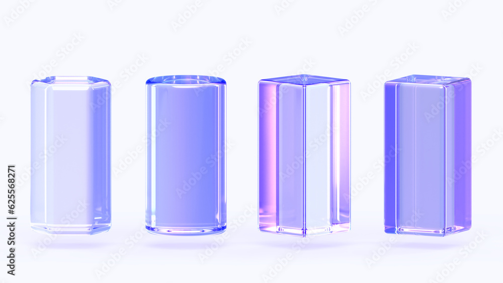 Wall mural glass cylinder, rectangle cube and hexagon pillar, 3d render icons set. crystal rainbow column podiu