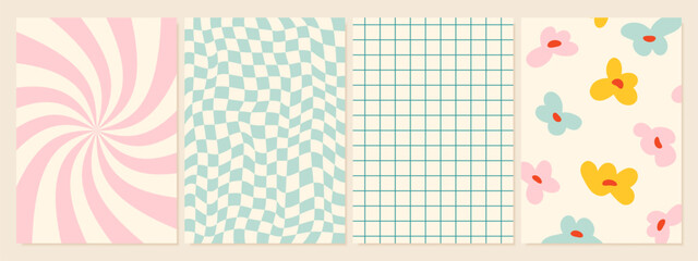 Set of groovy hippie 70s backgrounds. Collection of checkerboard, chessboard, mesh, waves patterns. Twisted and distorted vector texture in trendy retro psychedelic style. Y2k aesthetic