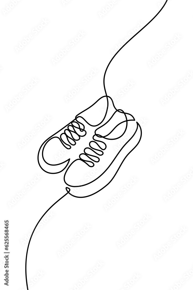 Wall mural Sport shoes in continuous line art drawing style. A pair of sneakers black linear sketch isolated on white background. Vector illustration