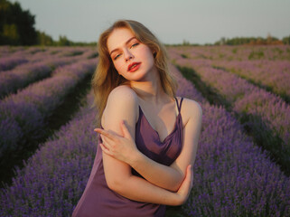 beautiful blonde girl with long hair on a lavender field in the evening - 625568478