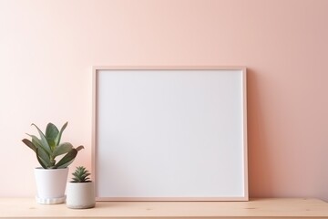 Home interior poster mock up with wooden frame and plant on light pink wall background. Modern home decor. Ready to use template