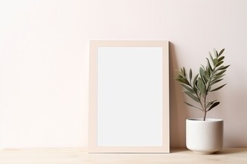 Fototapeta na wymiar Home interior poster mock up with wooden frame and plant on white wall background. Modern home decor. Ready to use template